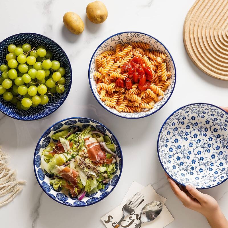Ceramic 50 Ounce Pasta Bowls Set of 4, 8.6 Inch Large Salad Bowls,Wide and Shallow Porcelain Soup Bowls, Stackable Serving Bowls