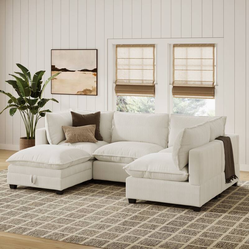Chelsea Modern Cloud Modular Upholstered Sofa with Deep Seat and Plush Cushions - Armless 4-Seater Sectional + Ottoman - Pearl White