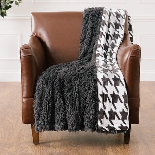 Chanasya Houndstooth Fleece Throw Blanket With Reversible Longfur