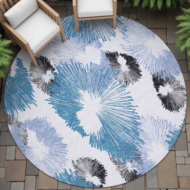 Machine Washable Indoor/Outdoor Modern Floral Chantille Rug - Blue - 8' x 8'