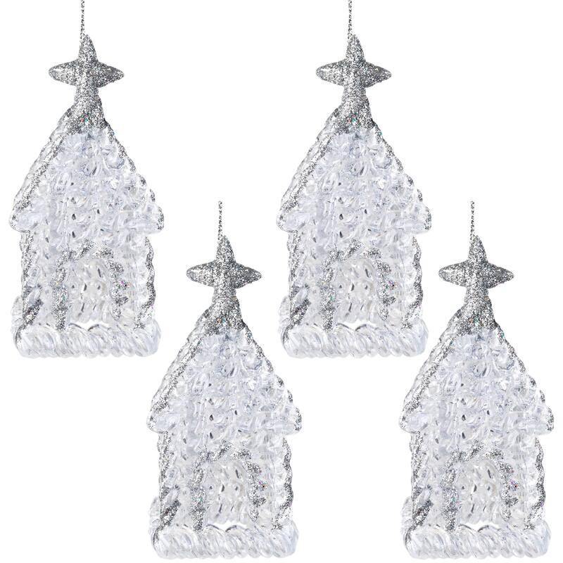 Glittered Acrylic Church Christmas Ornaments - 4.75" - Silver - 4ct