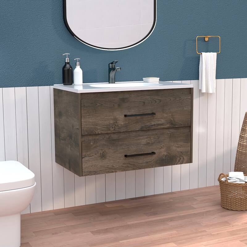 Vanity Bathroom Unit with Dual Drawer Storage, Dark Brown & White, 20.4" Height for Bathroom Organization - 31.7 in W Particle Board - Multicolor