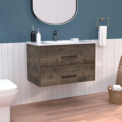 Vanity Bathroom Unit with Dual Drawer Storage, Dark Brown & White, 20.4" Height for Bathroom Organization