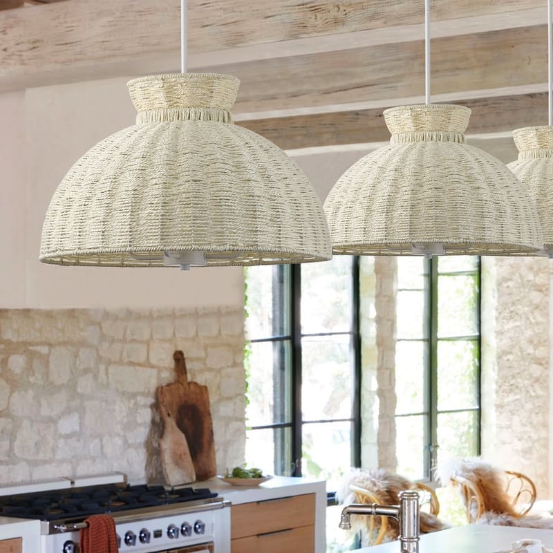 Boho Woven Rope Pendant Light Matte White and Beige 4 Light Ceiling Lamp for Dining Room or Kitchen Island