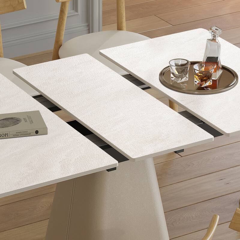 Retractable Rock Slab Dining Table Set, Modern 5-Piece Expandable Table with 4 Wooden Leg Chairs & Leather-Wrapped Base