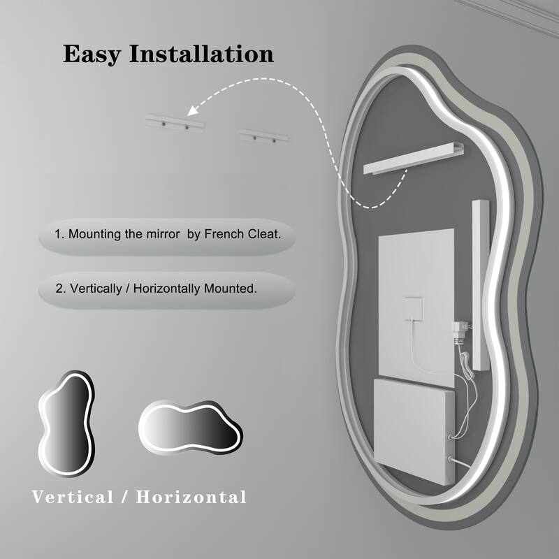 Irregular Front & Back LED Lighted Anti-fog Tempered Glass Wall Bathroom Vanity Mirror, ETL Certified, 3-Year Warranty