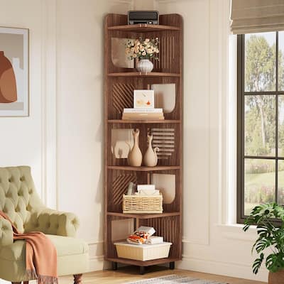 6-Tier Narrow Corner Shelf Stand, 71-Inch Rustic Tall Corner Bookshelf