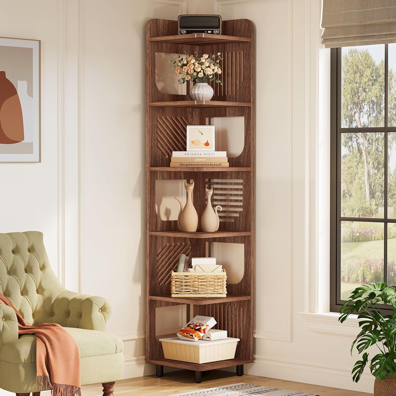 6-Tier Narrow Corner Shelf Stand, 71-Inch Rustic Tall Corner