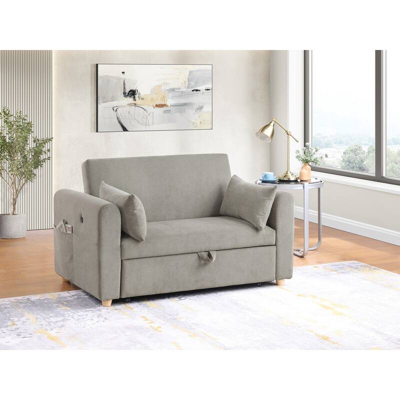 Marielle 55"W Corduroy Convertible Sleeper Loveseat with USB Ports, Magazine Pockets, and Pillows