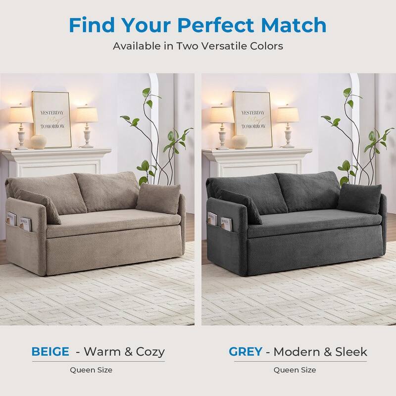 Mixoy Convertible Sofa Bed with Memory Foam Mattress, Queen Size, Beige/Grey, Adjustable Backrest