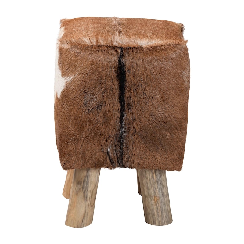 Scotlyn Genuine Goat Leather Footstool with Teak Wood Legs - Rustic Boho Accent with Natural Hide Upholstery, Handmade Footrest