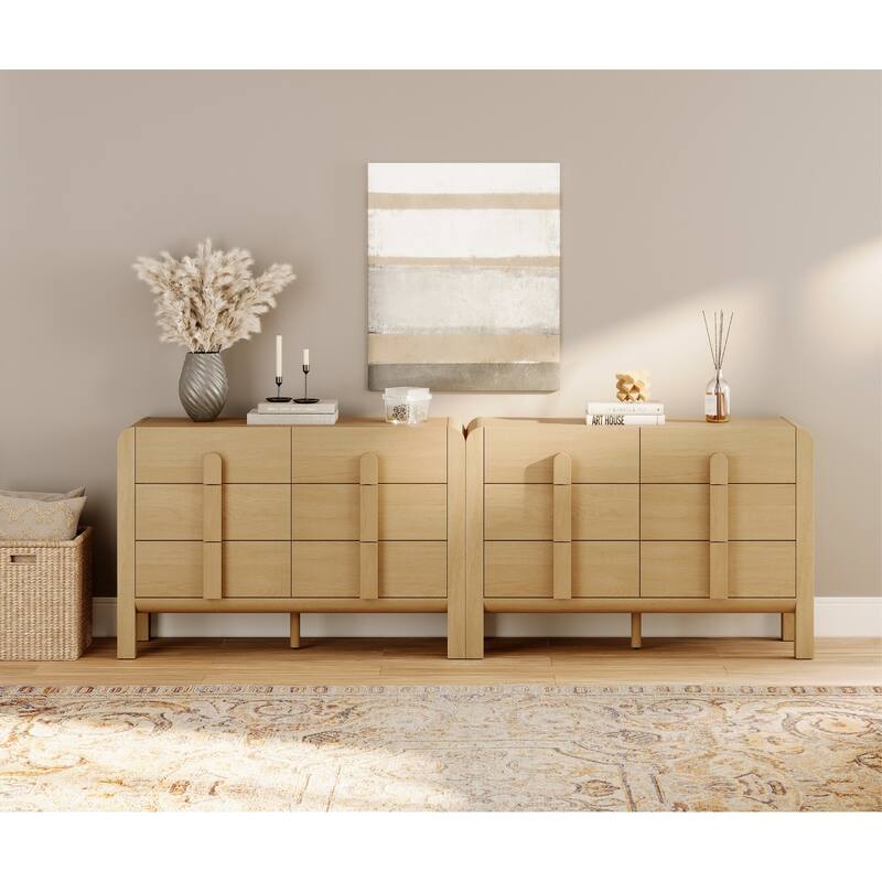 WAMPAT Mid Century 6 Drawer Dresser Set Of 2, 47.2" Modern Chest Of Drawers With Storage, Curved Profile Wood Double Dresser - Oak