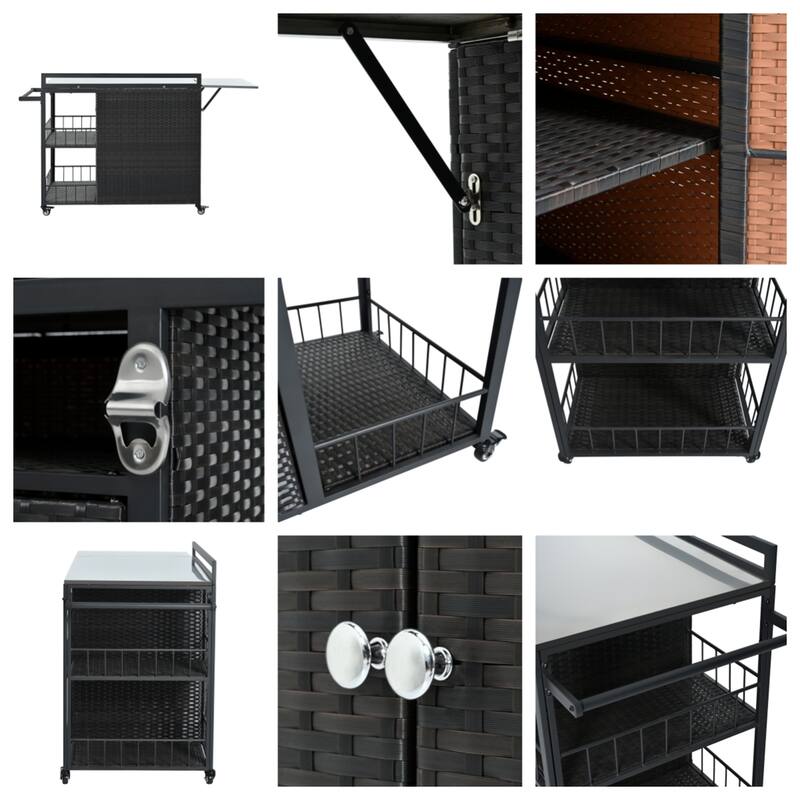 Outdoor Kitchen Cart w/ Foldable Steel Top, Lockable Wheels, PE Rattan