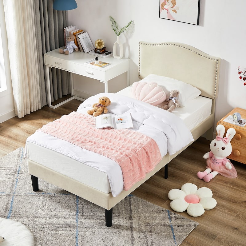 VECELO, Upholstered Platform Bed Frame with Nailhead Headboard- Twin/Full/Queen Size Bed-Beige