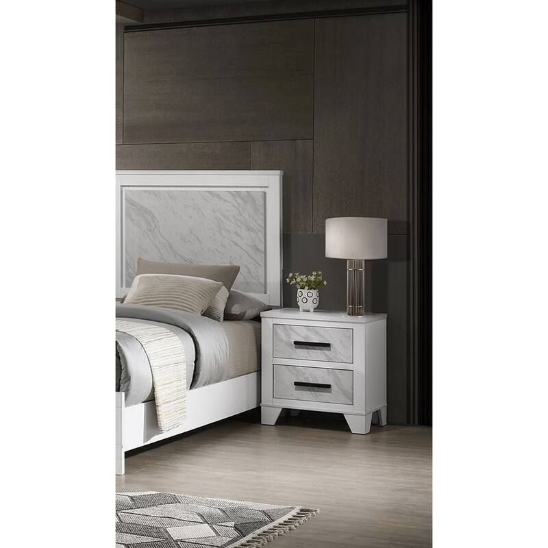 White Nightstand with Black Bar Pulls and Faux Marble Insert
