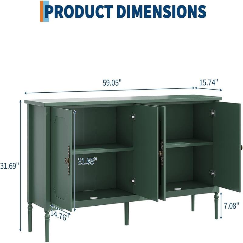 59" Modern Sideboard with Storage, 4 Doors and Adjustable Shelves, Coffee Bar Cabinet, Green