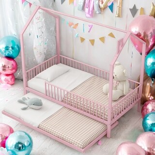 Kids and Baby House-Shaped Metal Twin Size House Bed with Fence and Trundle