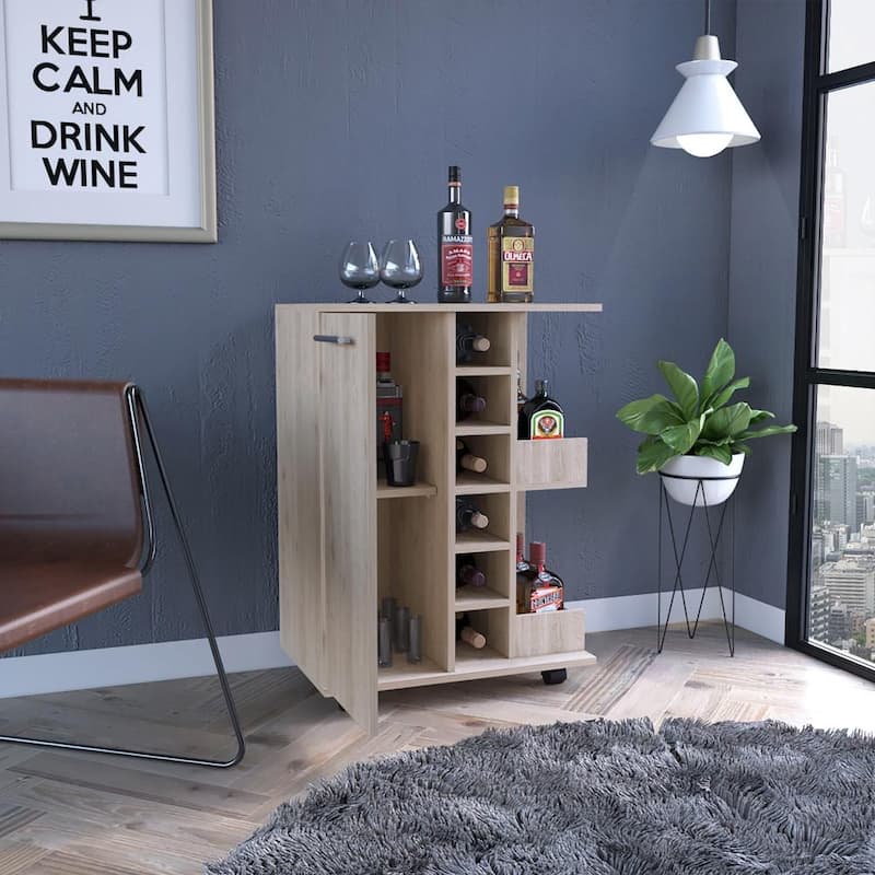 Bar Cart, Four Casters, Single Door Cabinet, Two External Shelves, Light Gray