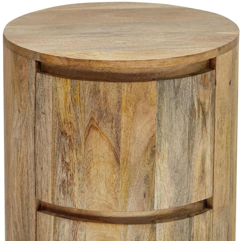 HomeRoots 24" Natural Solid Wood Round Drum End Table With Two Drawers - 18 in. x 24 in. x 18 in.