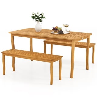 Gymax 3 Pieces Outdoor Dining Set for 4 People Patio Acacia Wood Table ...