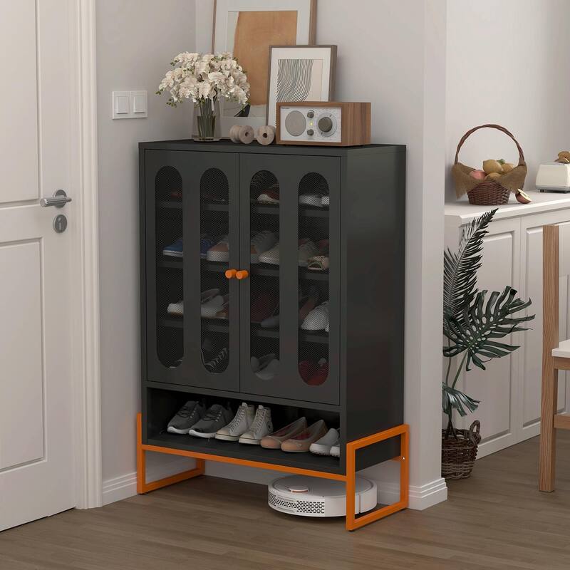 High Shoe Cabinet with Adjustable Partitions & Mesh Doors - Black