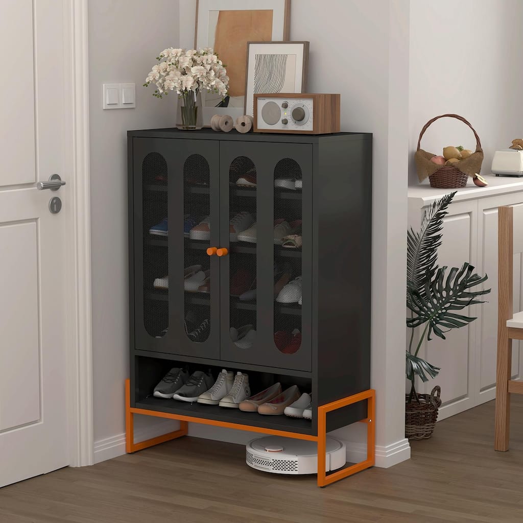 High Shoe Cabinet with Adjustable Partitions & Mesh Doors
