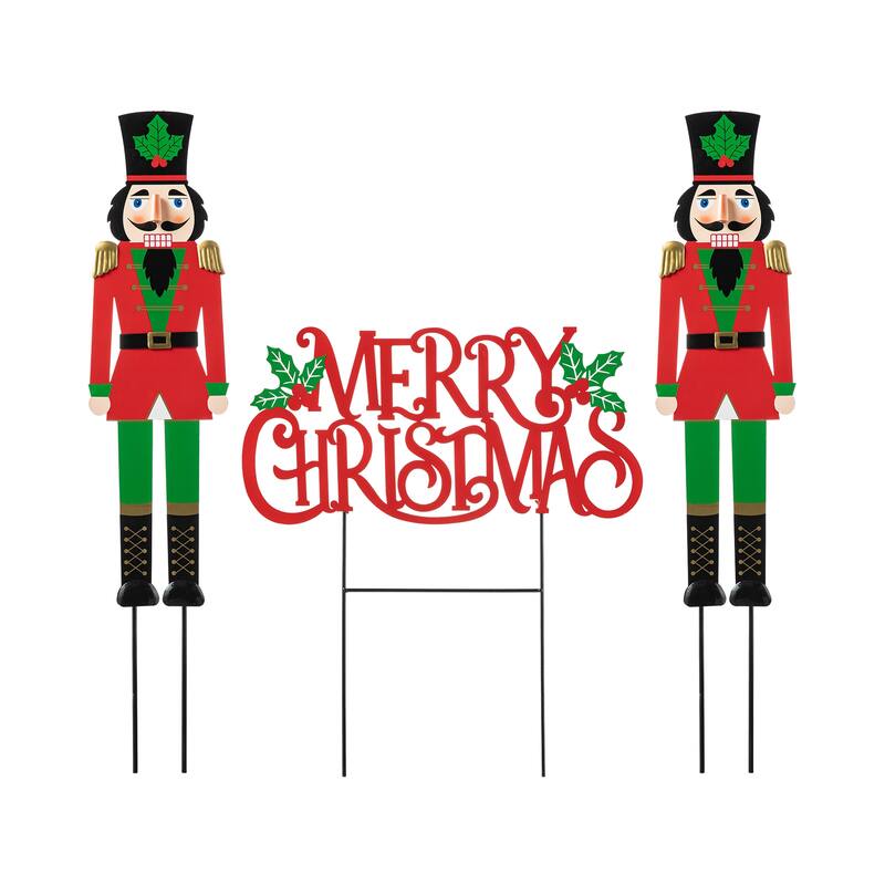 Glitzhome Metal Nutcracker with MERRY CHRISTMAS or Snowman with HAPPY HOLIDAYS Yard Stakes Wall Decor(Set of 3 )