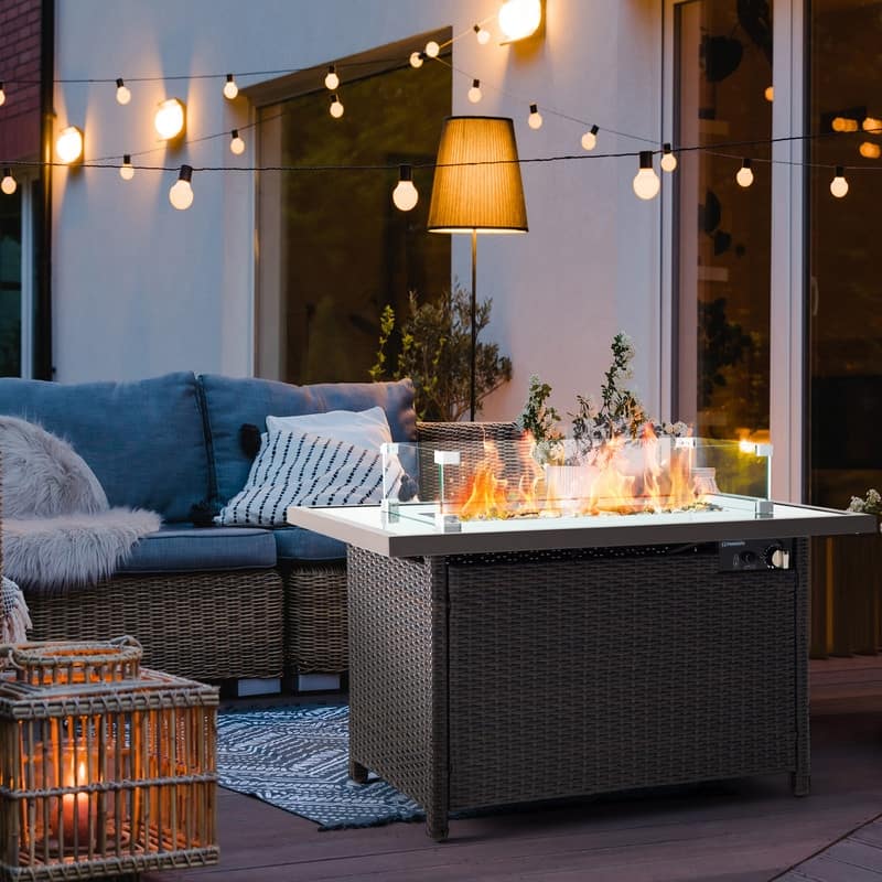 Wicker Propane Outdoor Fire Pit Table with Extension - N/A