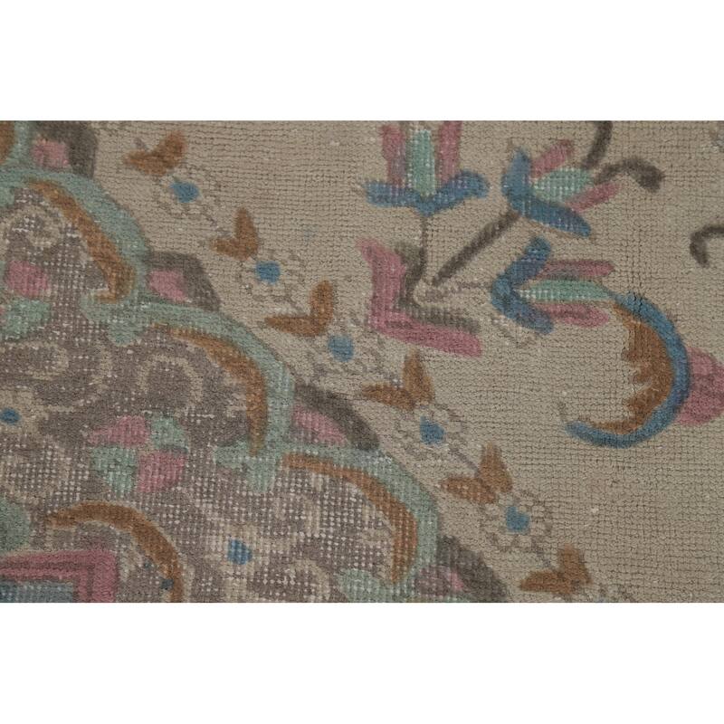 Floral Tabriz Persian Area Rug Oriental Hand-Knotted Beige Wool Carpet - 9'11"x 11'9"