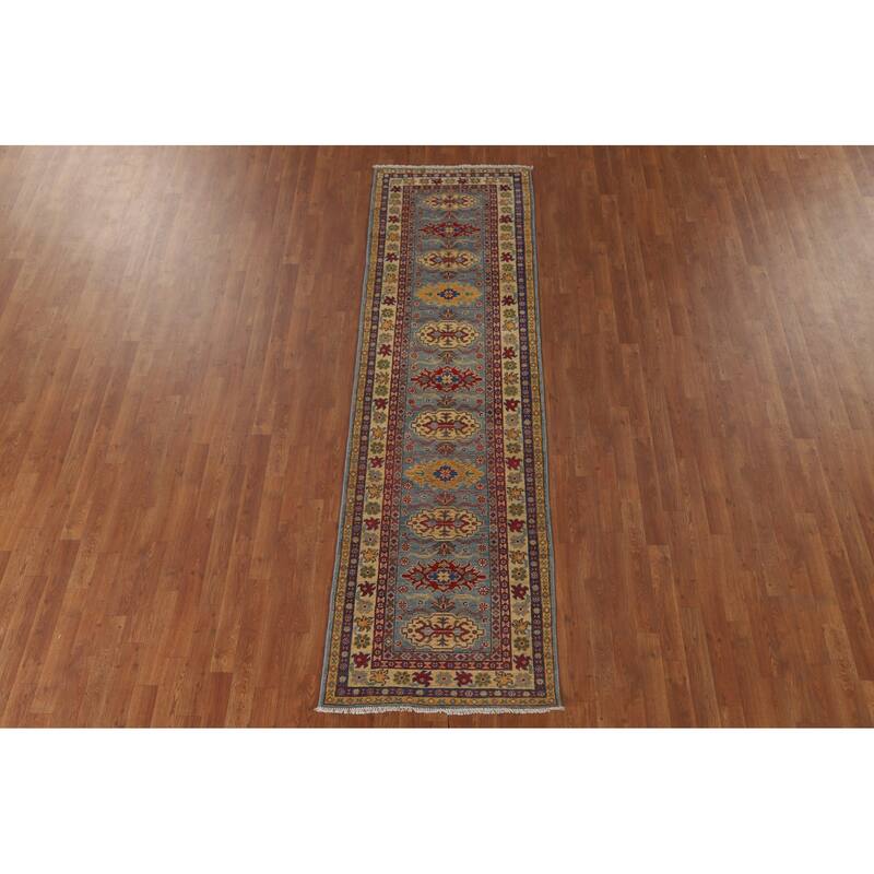 Kazak Runner Rug Light Blue Handmade Wool Carpet - 2'7" x 9'3"