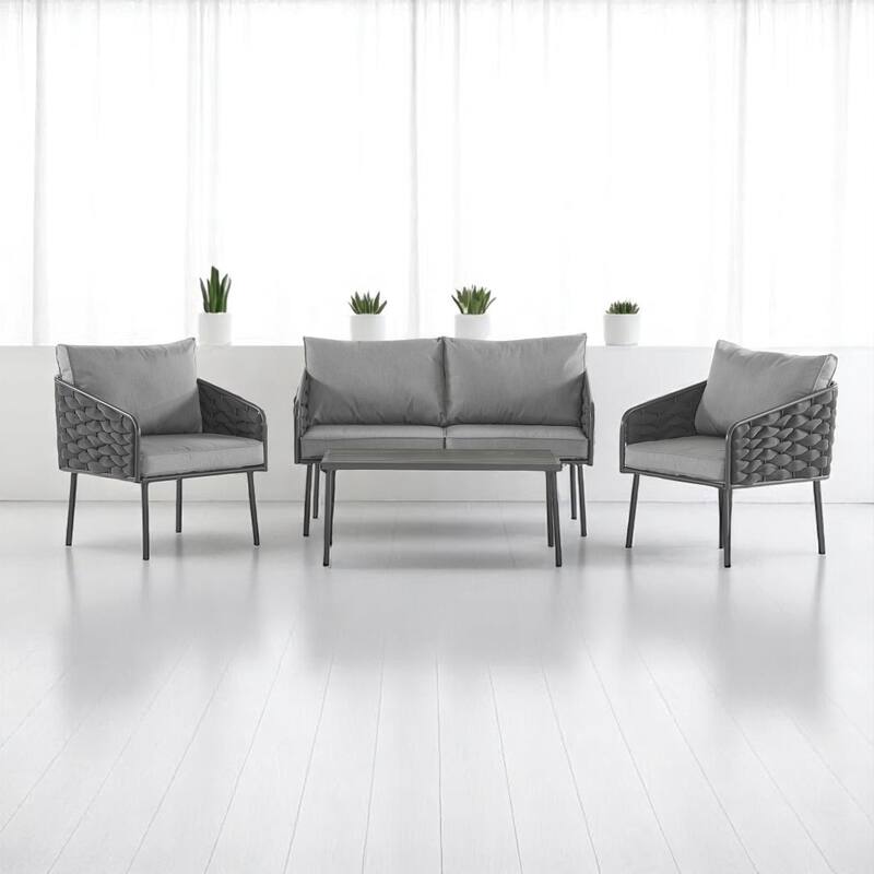 4-Piece Outdoor Patio Furniture Set with Rope Woven Chairs, Loveseat, Plastic-Wood Coffee Table,outdoor Conversation Set