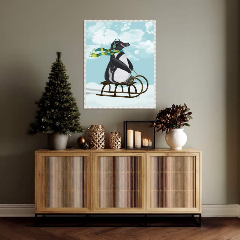 Penguin On Sled by Fab Funky (23 x 28 in.), Framed Canvas Wall Art Print - Sylvie Beaded White