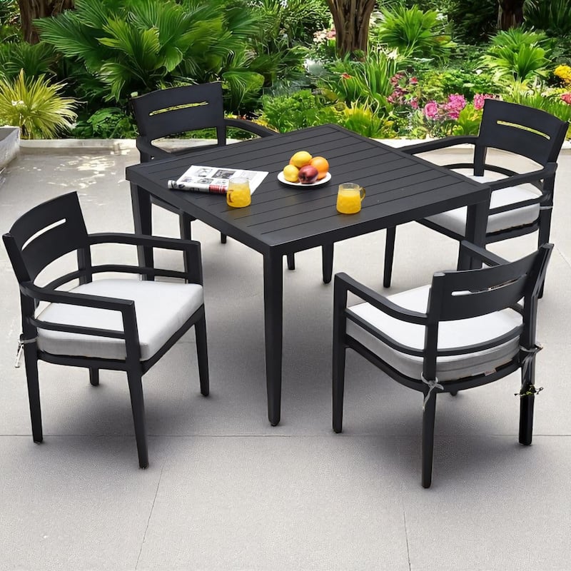 KISRAIS 5-Piece Outdoor Patio Aluminum Furniture, Dining Table with Umbrella Hole, Sunbrella Fabric Cushion