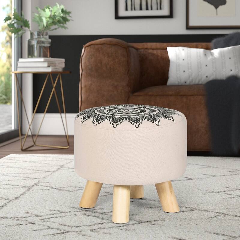 Asense Round Ottoman Foot Rest Stool Linen Fabric Padded (Set of 4) - Beige