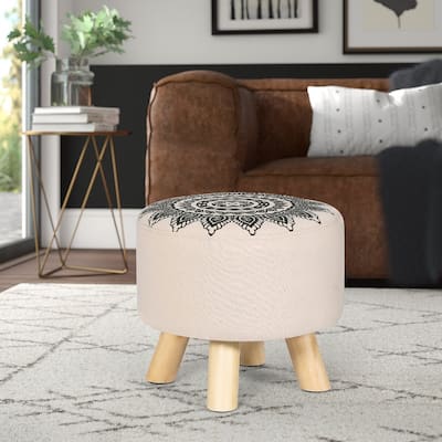 Asense Round Ottoman Foot Rest Stool Linen Fabric Padded (Set of 4)