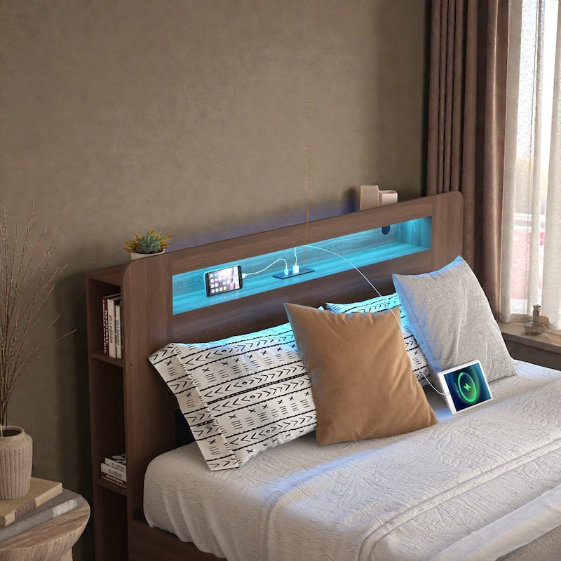 Full or Queen Wood Platform Bed Frame with LED Storage Headboard, Drawers, Charging Station, No Box Spring Needed