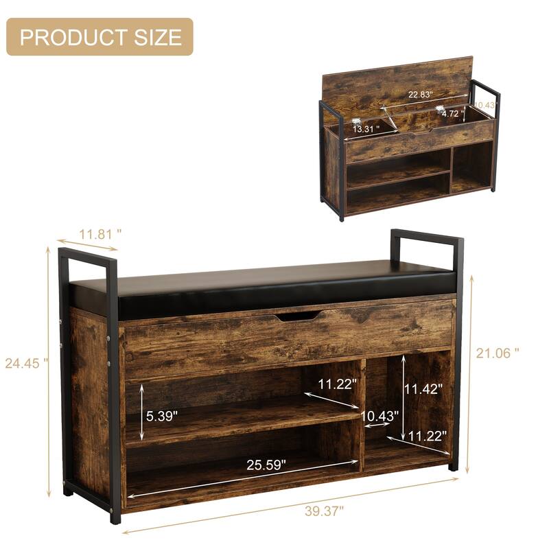 39" Wood Shoe Storage Bench with Cushion and Lift-Top Storage Box