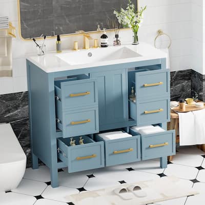 36 in. W Freestanding Bathroom Vanity with White Resin Sink and Five Drawers