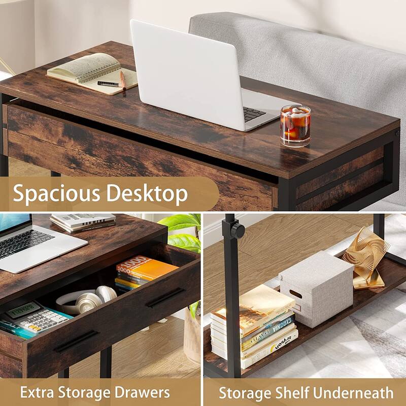 Adjustable C Table Portable Desk with Drawers and Wheels, Mobile Couch Desk