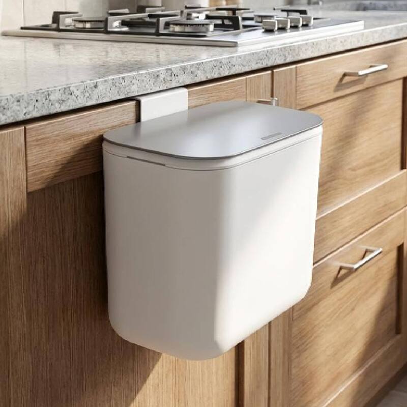 1.85 Gallon Compost Bin Hanging Trash Can with Stainless Steel Lid for Kitchen、Bathroom - White