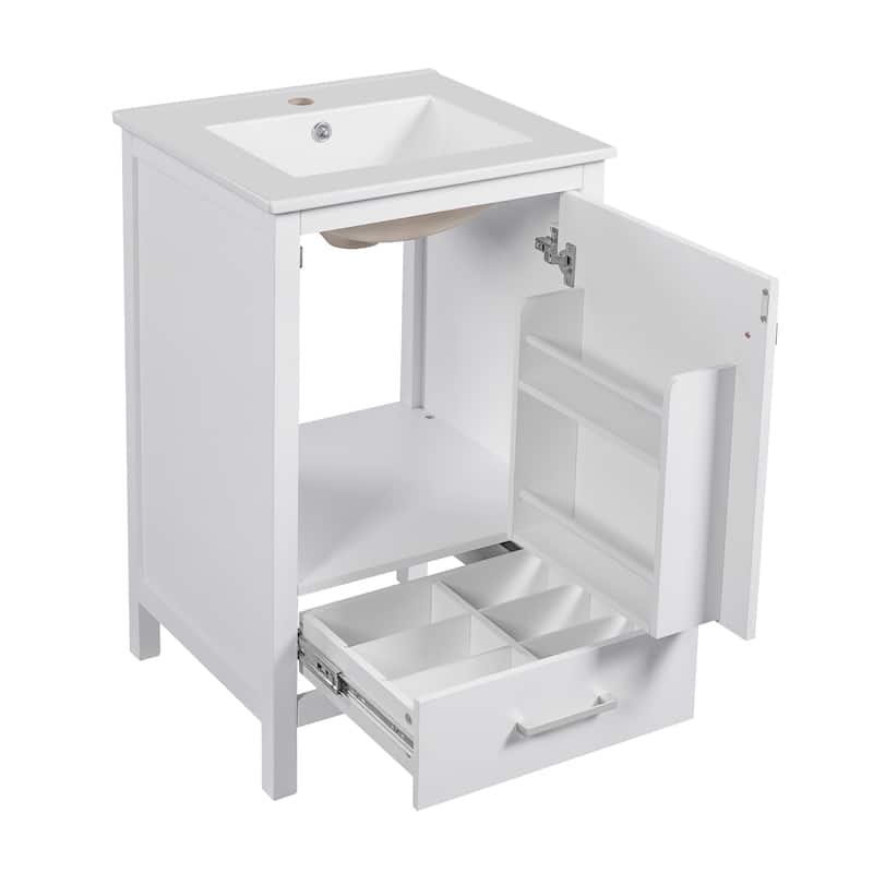 Roomfitters 20" Modern Bathroom Vanity with Ceramic Sink, Soft-Close Drawer and Door, Divider Drawer, Storage Rack