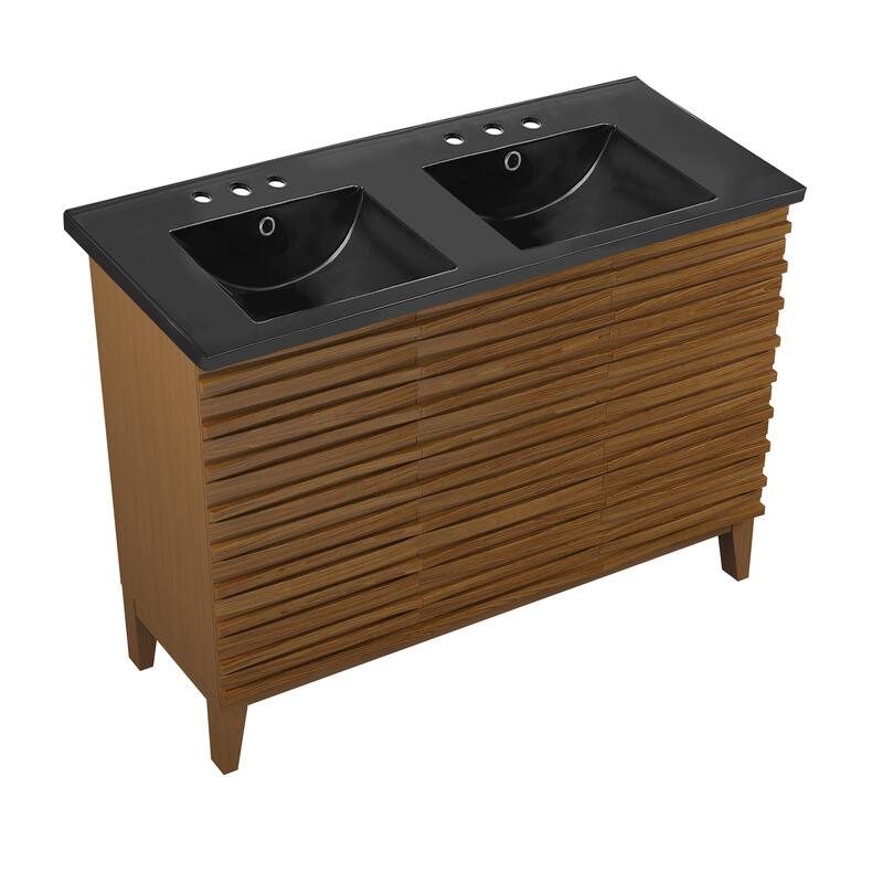 Cascade 48 In. Brown Oak, Double Basin Bathroom Vanity With Black, 3-Hole Ceramic Sink Top