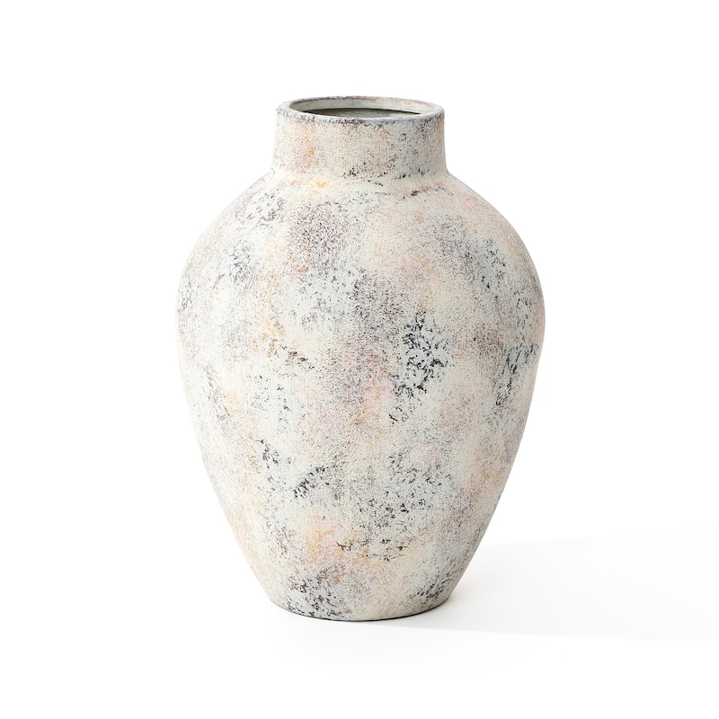 Marbled White Tall Round Stoneware Vase (Single) - 15.2" H x 11" W x 11" D