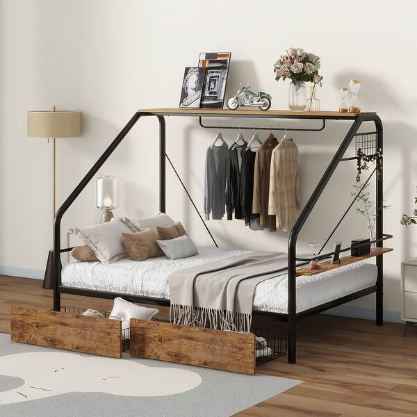 slide 2 of 8, Full Size Metal Platform Bed with Clothes Rack, Shelves and 2 Drawers Brown