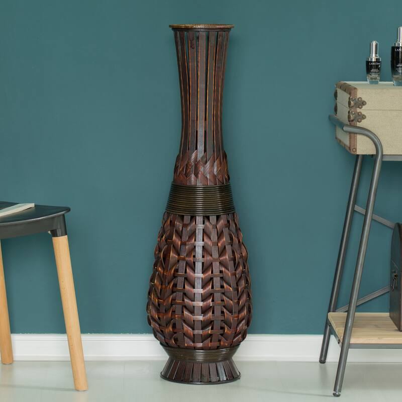 Antique Trumpet Style Brown Bamboo Floor Vase - 36-inch-Tall Decorative Vase for Entryway or Living Room, Vintage-Inspired Decor