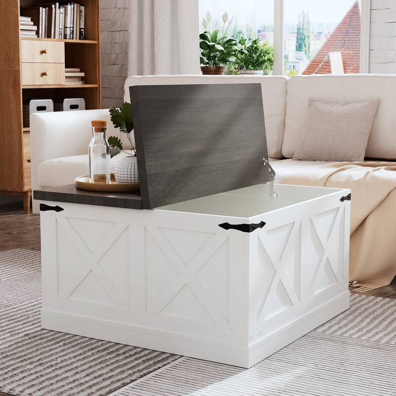 Farmhouse Coffee Table Square Center Table with Barn Door Lift Top and Hidden Storage, for Living Room