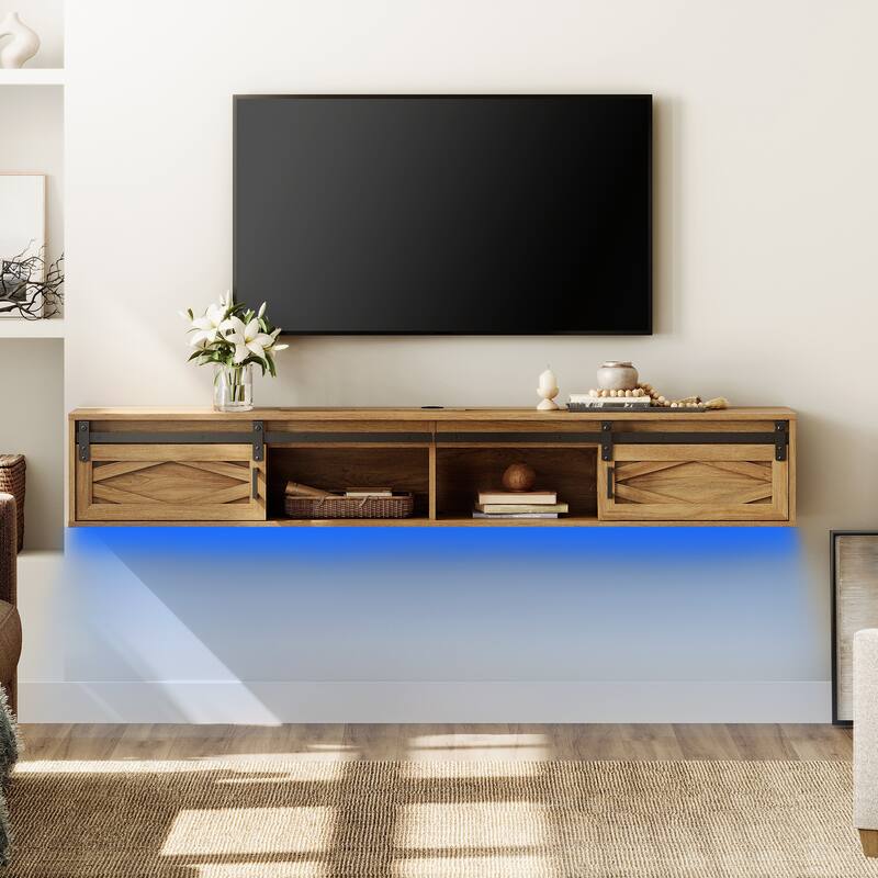 Sliding Barn Door Floating TV Stand with Charging Station - Beige