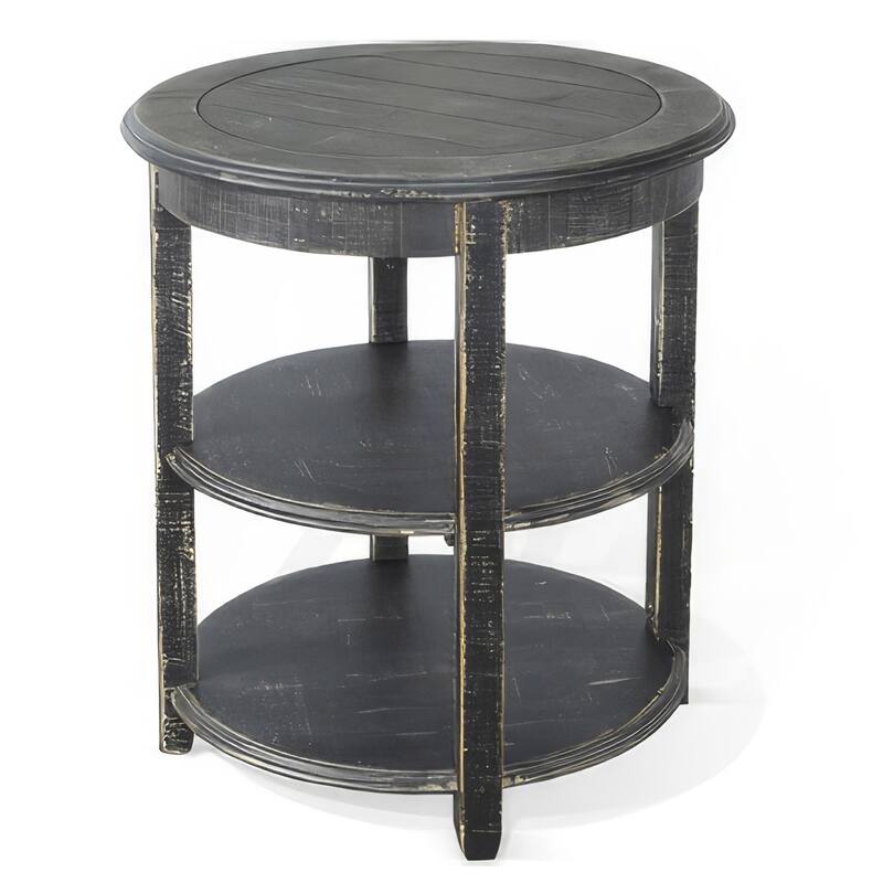 Rena Side End Table with 2 Shelves, 24 Inch Round Black Mahogany Wood