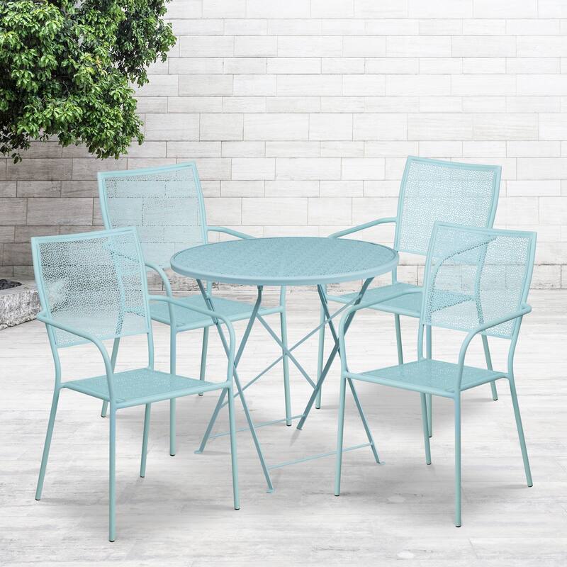 30'' Round Indoor-Outdoor Folding Patio Table Set with 4 Square Back Chairs - Sky Blue