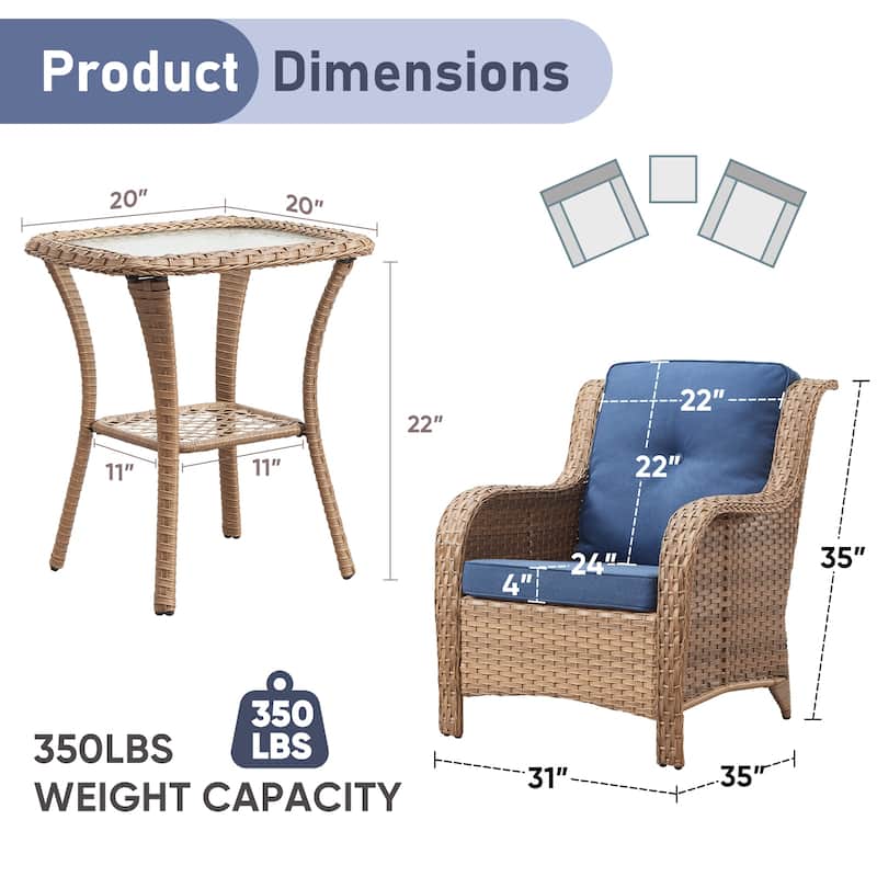 Pocassy Outdoor Patio Chairs Ottoman Table with 4 Inch Cushion